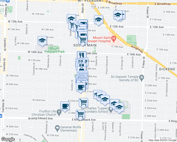 map of restaurants, bars, coffee shops, grocery stores, and more near 228 East 18th Avenue in Vancouver
