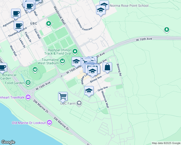 map of restaurants, bars, coffee shops, grocery stores, and more near 3311 Wesbrook Mall in Vancouver