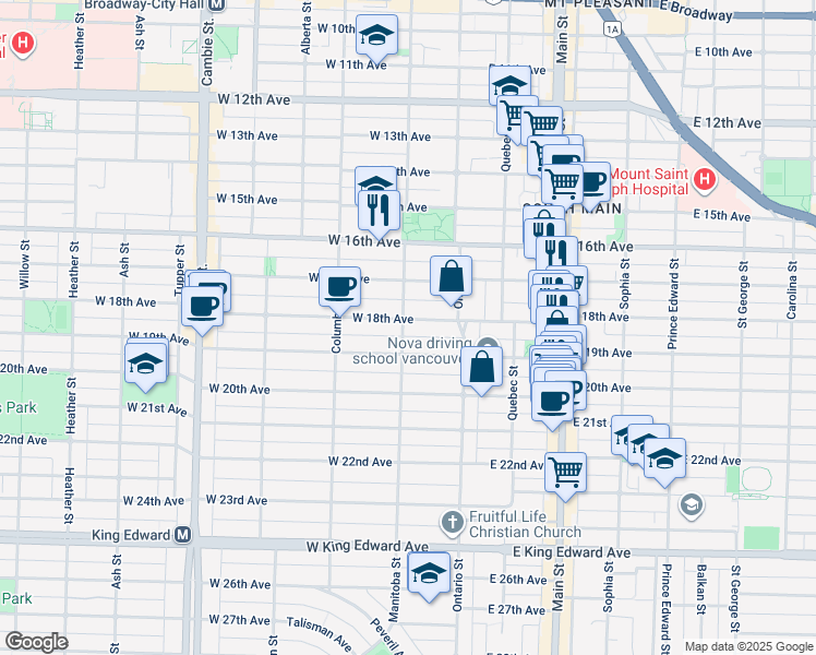 map of restaurants, bars, coffee shops, grocery stores, and more near 98 West 18th Avenue in Vancouver