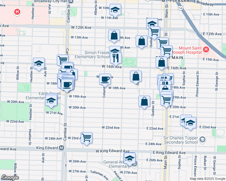 map of restaurants, bars, coffee shops, grocery stores, and more near 150 West 18th Avenue in Vancouver