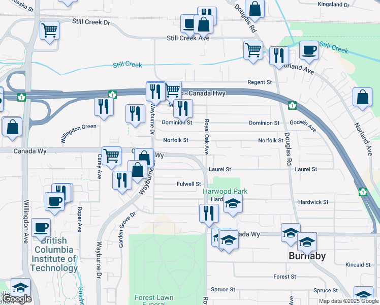 map of restaurants, bars, coffee shops, grocery stores, and more near 4675 Canada Way in Burnaby