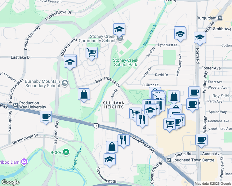 map of restaurants, bars, coffee shops, grocery stores, and more near 3288 Noel Drive in Burnaby