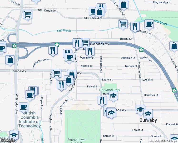 map of restaurants, bars, coffee shops, grocery stores, and more near 4663 Canada Way in Burnaby
