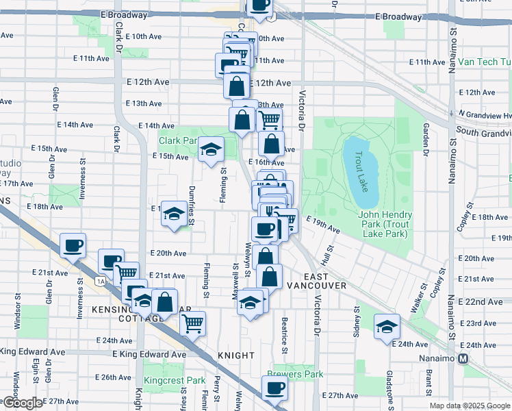 map of restaurants, bars, coffee shops, grocery stores, and more near 1771 East 18th Avenue in Vancouver