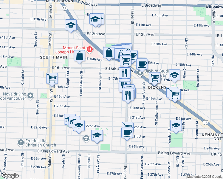 map of restaurants, bars, coffee shops, grocery stores, and more near 3403 Carolina Street in Vancouver
