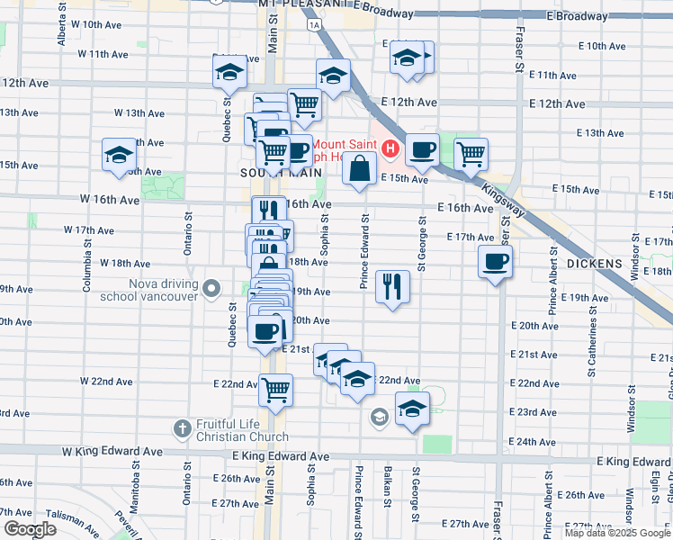 map of restaurants, bars, coffee shops, grocery stores, and more near 322 East 18th Avenue in Vancouver