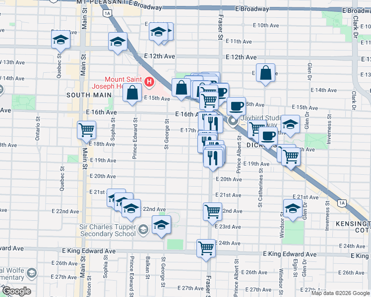 map of restaurants, bars, coffee shops, grocery stores, and more near 3403 Carolina Street in Vancouver
