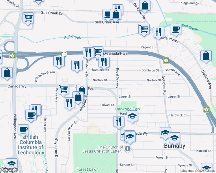 map of restaurants, bars, coffee shops, grocery stores, and more near 4675 Canada Way in Burnaby