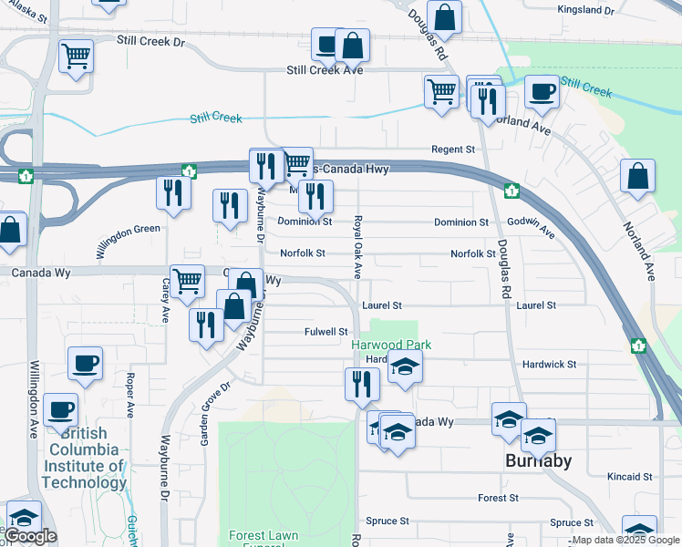 map of restaurants, bars, coffee shops, grocery stores, and more near 4685 Canada Way in Burnaby