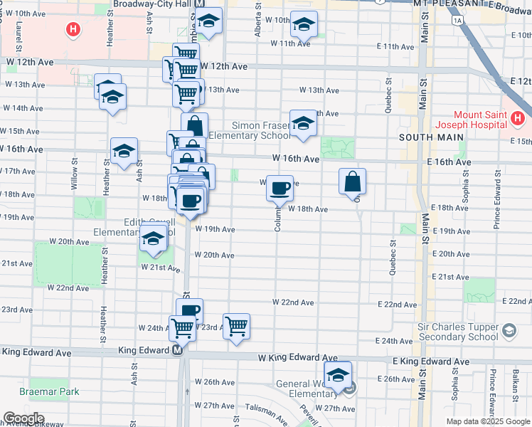 map of restaurants, bars, coffee shops, grocery stores, and more near 244 West 18th Avenue in Vancouver
