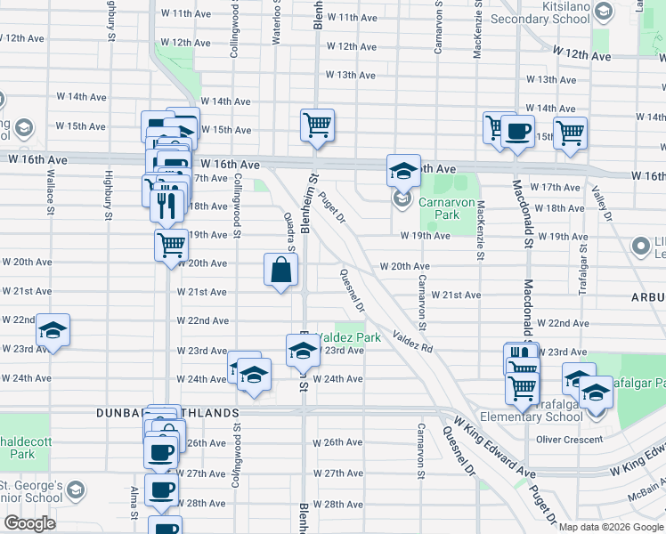 map of restaurants, bars, coffee shops, grocery stores, and more near 3250 West 20th Avenue in Vancouver