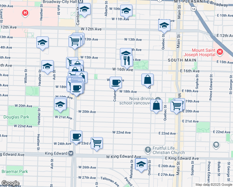 map of restaurants, bars, coffee shops, grocery stores, and more near 196 West 18th Avenue in Vancouver