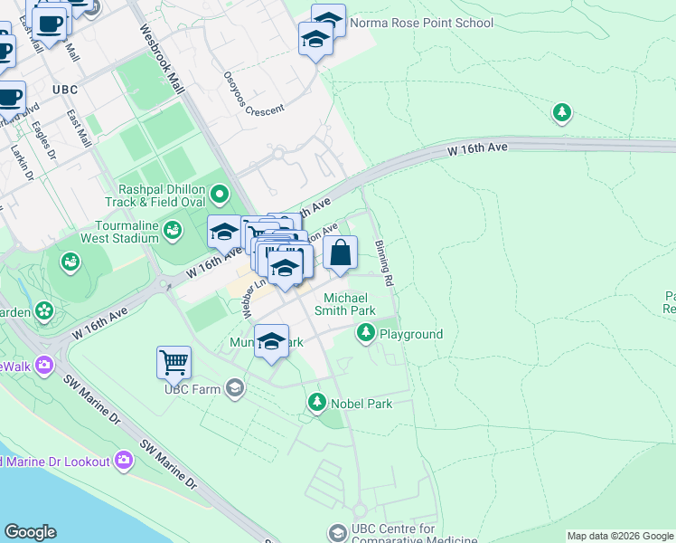 map of restaurants, bars, coffee shops, grocery stores, and more near 5779 Birney Avenue in University Endowment Lands