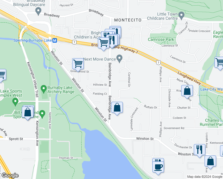 map of restaurants, bars, coffee shops, grocery stores, and more near 3328 Bainbridge Avenue in Burnaby