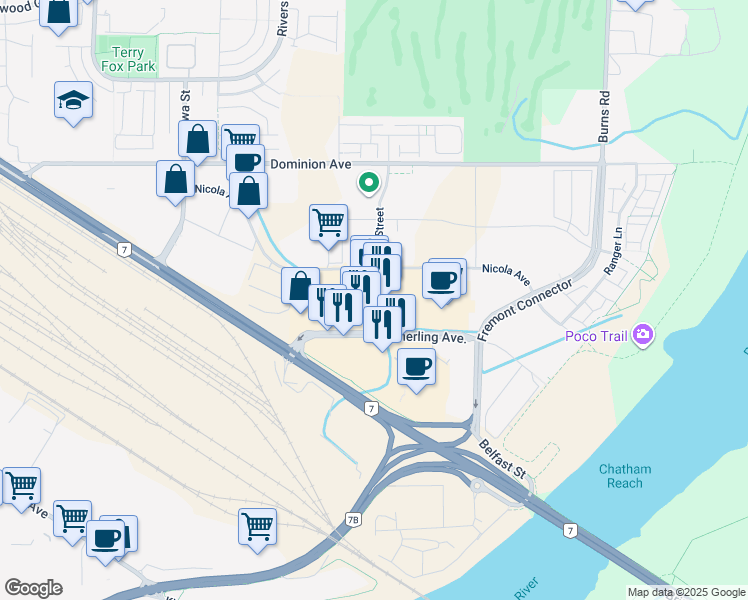 map of restaurants, bars, coffee shops, grocery stores, and more near Hawkins Street in Port Coquitlam