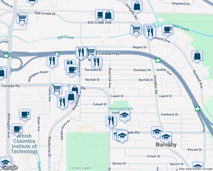 map of restaurants, bars, coffee shops, grocery stores, and more near 4695 Canada Way in Burnaby
