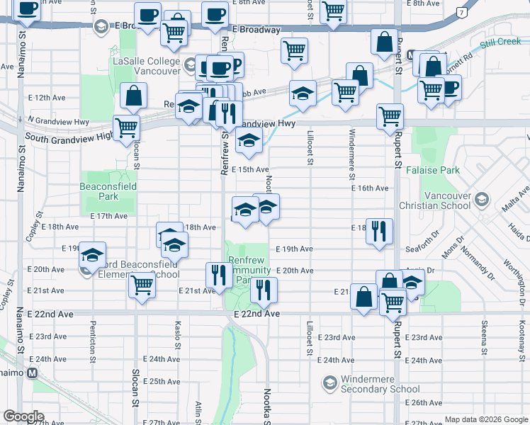 map of restaurants, bars, coffee shops, grocery stores, and more near in Vancouver