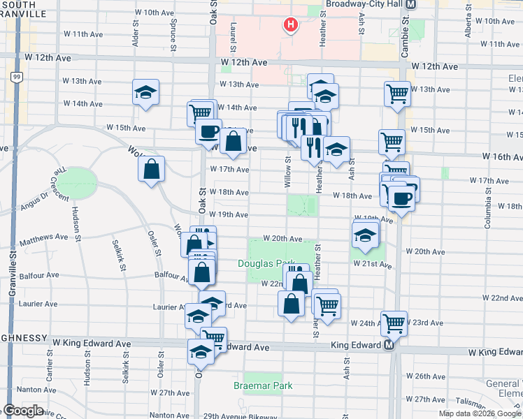map of restaurants, bars, coffee shops, grocery stores, and more near in Vancouver