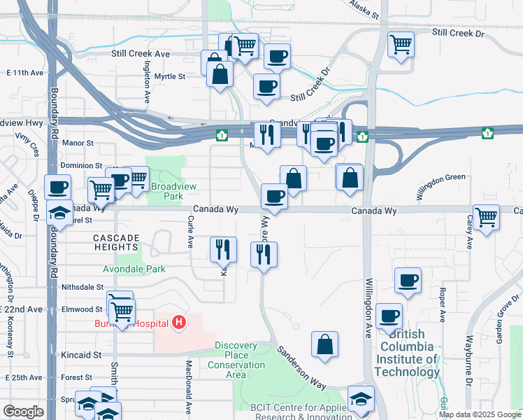 map of restaurants, bars, coffee shops, grocery stores, and more near 4200 Canada Way in Burnaby