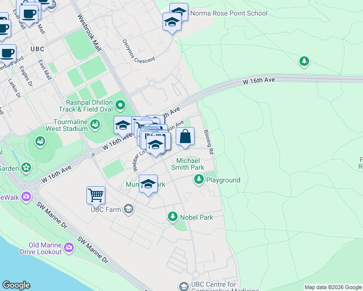 map of restaurants, bars, coffee shops, grocery stores, and more near 5779 Birney Avenue in University Endowment Lands
