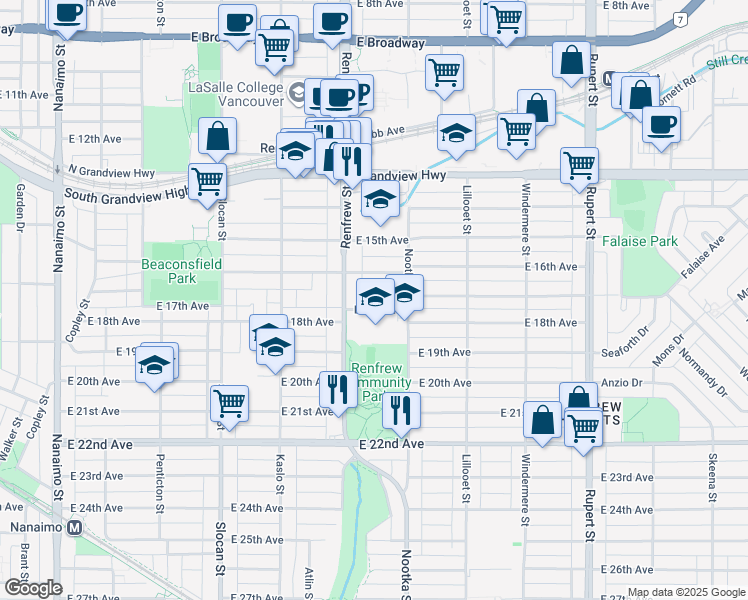 map of restaurants, bars, coffee shops, grocery stores, and more near 2935 East 17th Avenue in Vancouver