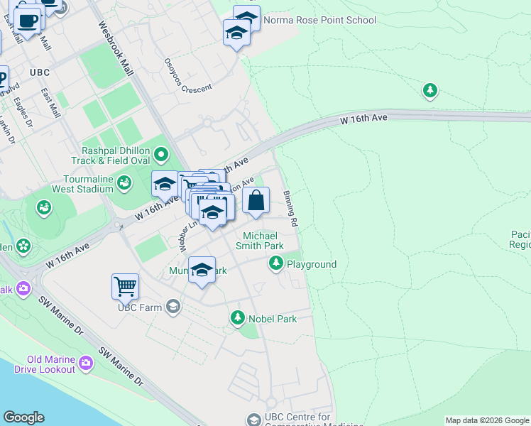 map of restaurants, bars, coffee shops, grocery stores, and more near 5681 Birney Avenue in University Endowment Lands