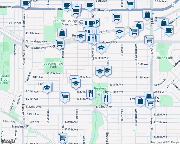 map of restaurants, bars, coffee shops, grocery stores, and more near 3281 Renfrew Street in Vancouver