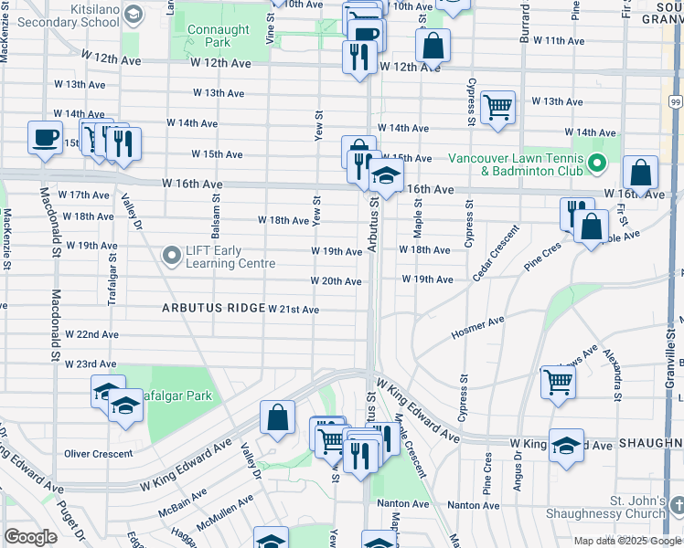map of restaurants, bars, coffee shops, grocery stores, and more near 2137 West 20th Avenue in Vancouver