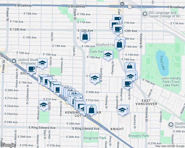 map of restaurants, bars, coffee shops, grocery stores, and more near 1457 East 18th Avenue in Vancouver