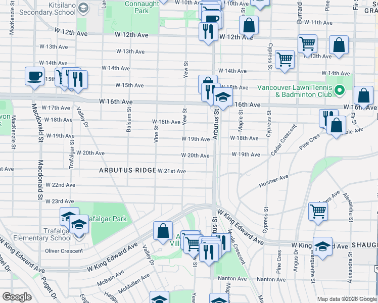 map of restaurants, bars, coffee shops, grocery stores, and more near 2181 West 20th Avenue in Vancouver