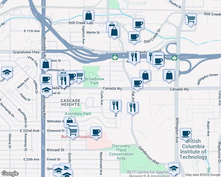 map of restaurants, bars, coffee shops, grocery stores, and more near 4200 Canada Way in Burnaby