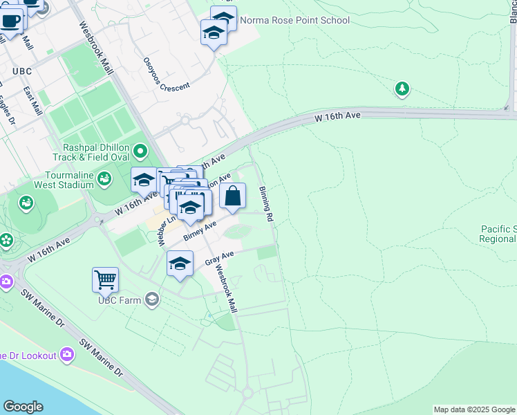 map of restaurants, bars, coffee shops, grocery stores, and more near 5681 Birney Avenue in Vancouver