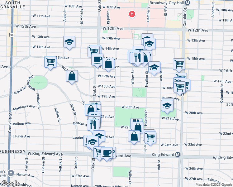 map of restaurants, bars, coffee shops, grocery stores, and more near 3494 Laurel Street in Vancouver