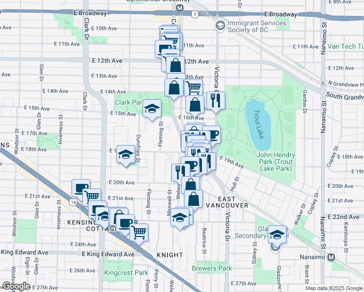 map of restaurants, bars, coffee shops, grocery stores, and more near 3643 Commercial Drive in Vancouver