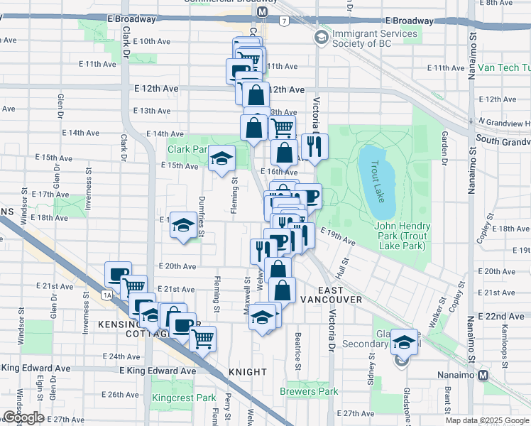 map of restaurants, bars, coffee shops, grocery stores, and more near 3649 Commercial Drive in Vancouver