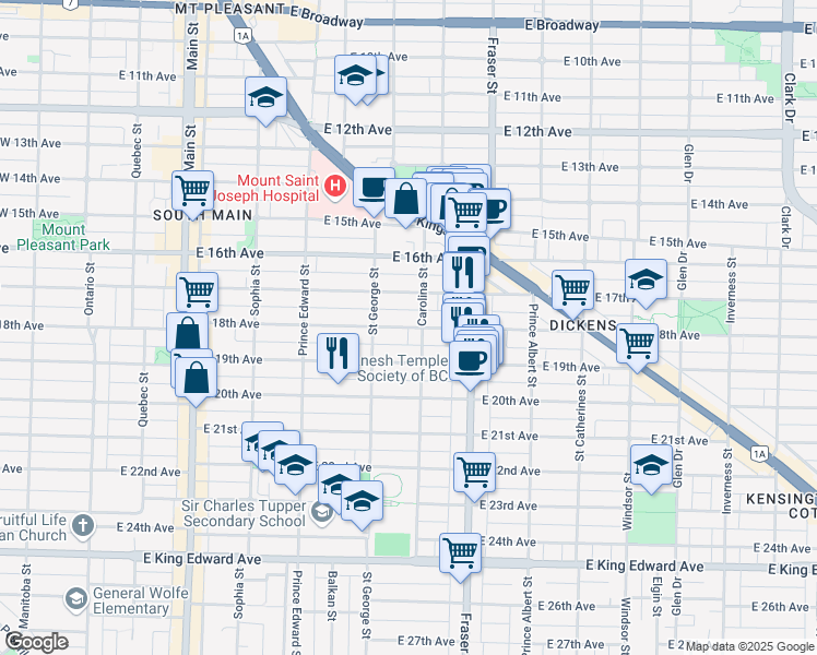 map of restaurants, bars, coffee shops, grocery stores, and more near 570 East 18th Avenue in Vancouver