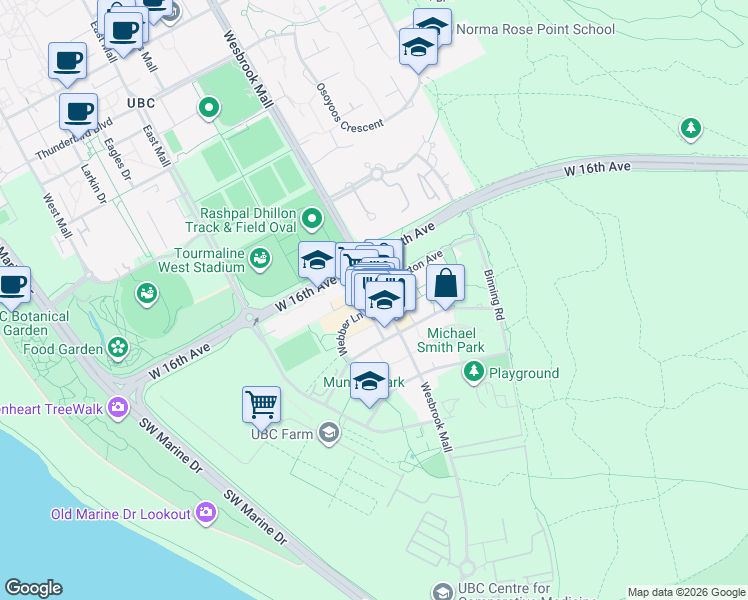 map of restaurants, bars, coffee shops, grocery stores, and more near 3333 Wesbrook Mall in Vancouver