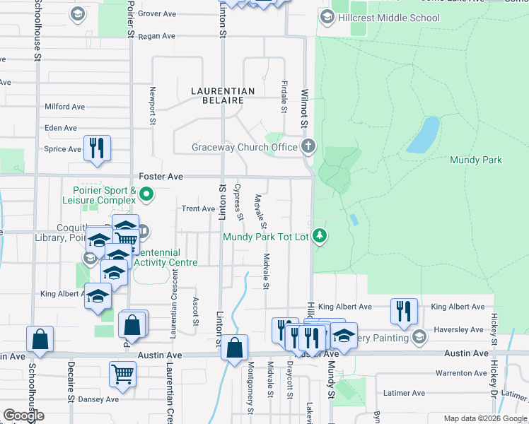 map of restaurants, bars, coffee shops, grocery stores, and more near 635 Midvale Street in Coquitlam