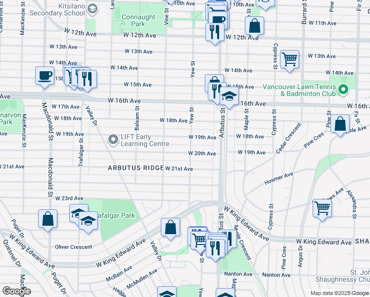 map of restaurants, bars, coffee shops, grocery stores, and more near 2215 West 20th Avenue in Vancouver