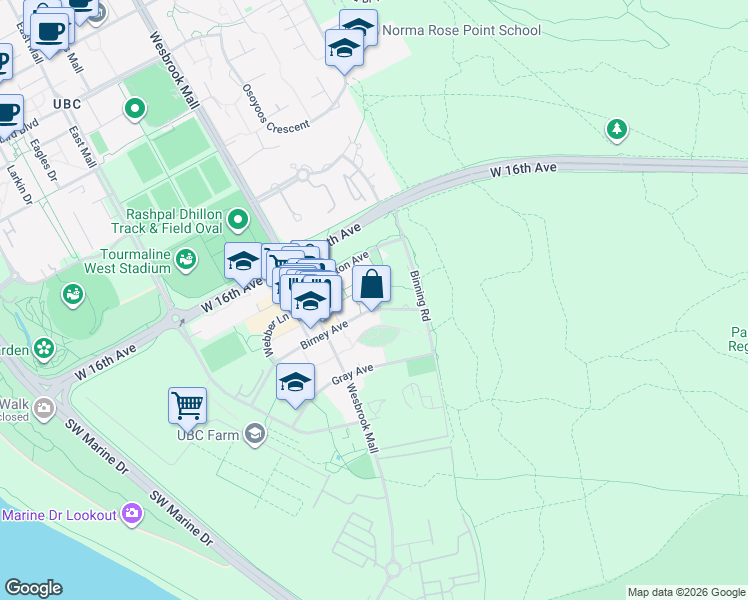 map of restaurants, bars, coffee shops, grocery stores, and more near 5779 Birney Avenue in University Endowment Lands