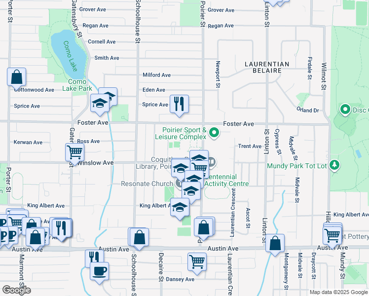 map of restaurants, bars, coffee shops, grocery stores, and more near 624 Poirier Street in Coquitlam