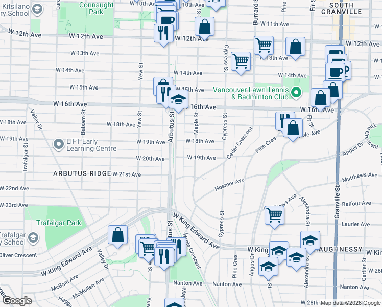 map of restaurants, bars, coffee shops, grocery stores, and more near 2003 West 19th Avenue in Vancouver