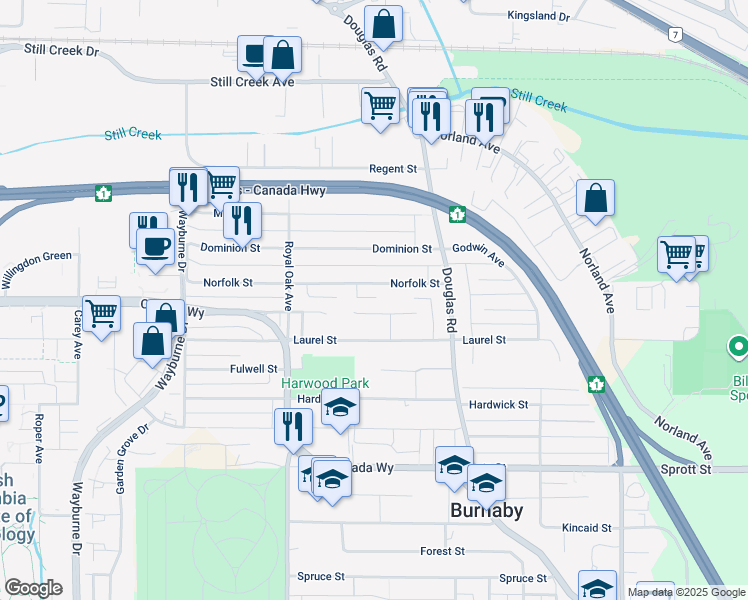 map of restaurants, bars, coffee shops, grocery stores, and more near 5422 Norfolk Street in Burnaby