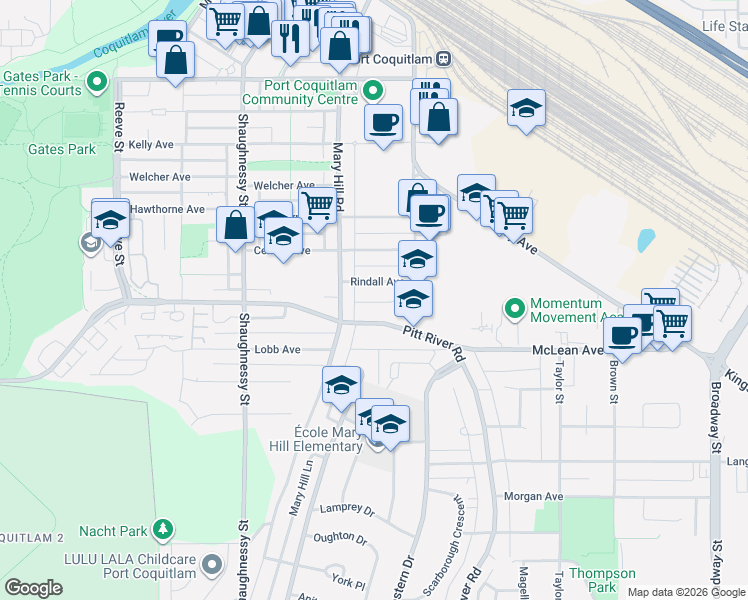 map of restaurants, bars, coffee shops, grocery stores, and more near 2150 Rindall Avenue in Port Coquitlam