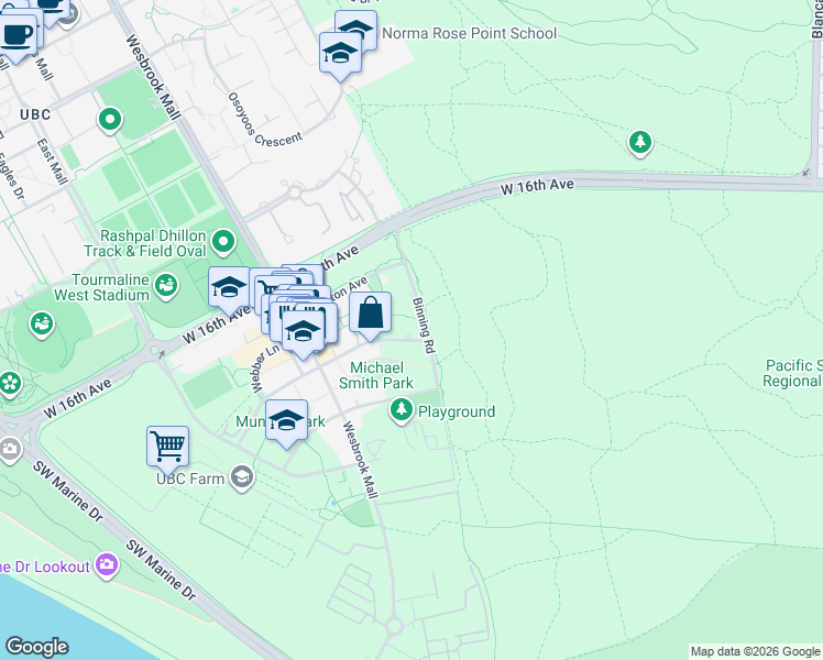 map of restaurants, bars, coffee shops, grocery stores, and more near in University Endowment Lands