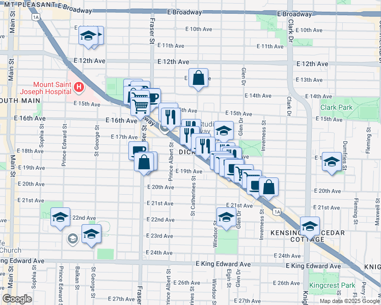 map of restaurants, bars, coffee shops, grocery stores, and more near 888 Kingsway in Vancouver