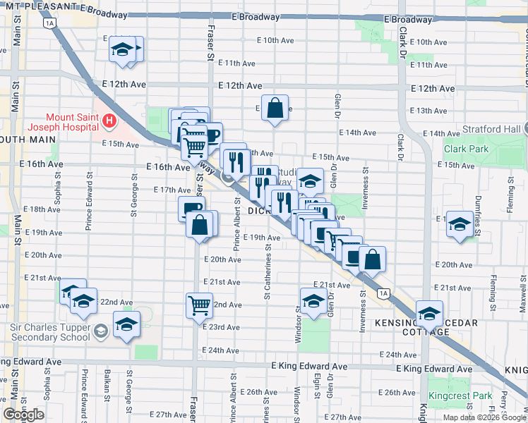 map of restaurants, bars, coffee shops, grocery stores, and more near 888 Kingsway in Vancouver