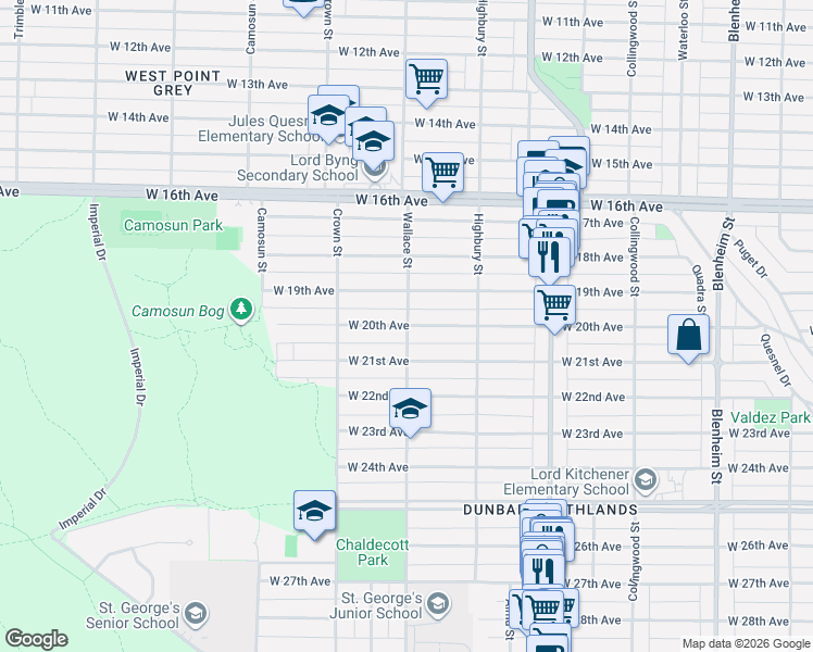 map of restaurants, bars, coffee shops, grocery stores, and more near West 20th Avenue in Vancouver