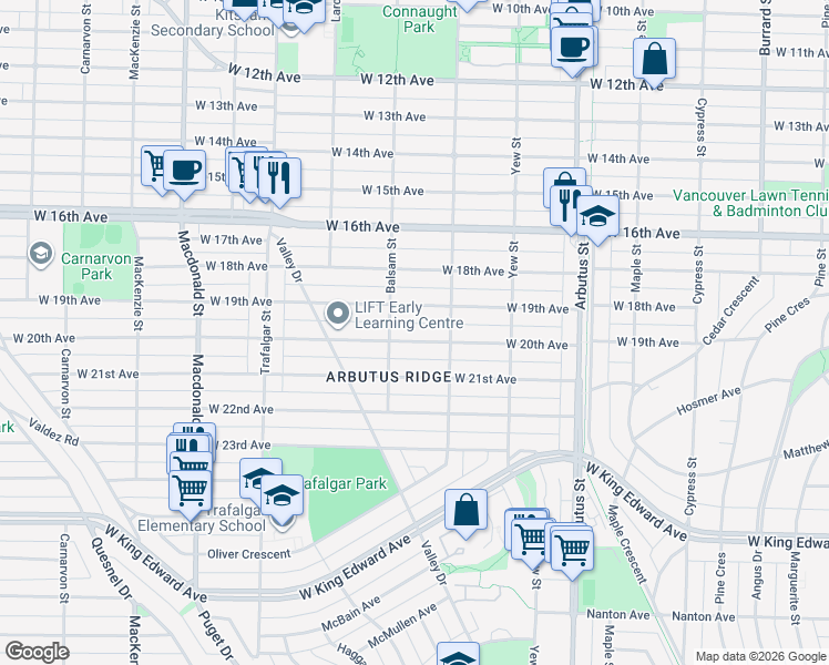 map of restaurants, bars, coffee shops, grocery stores, and more near 2355 West 20th Avenue in Vancouver
