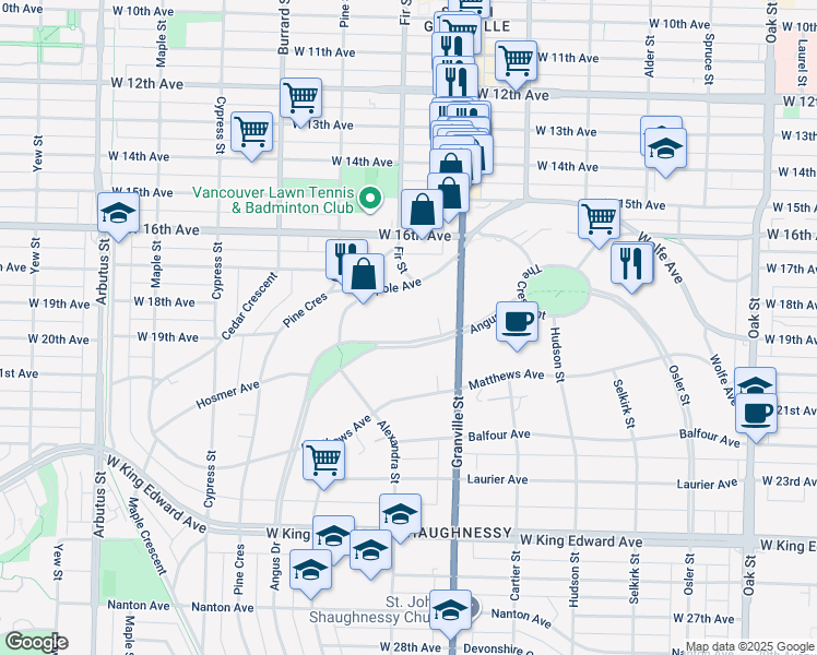 map of restaurants, bars, coffee shops, grocery stores, and more near 1575 Angus Drive in Vancouver